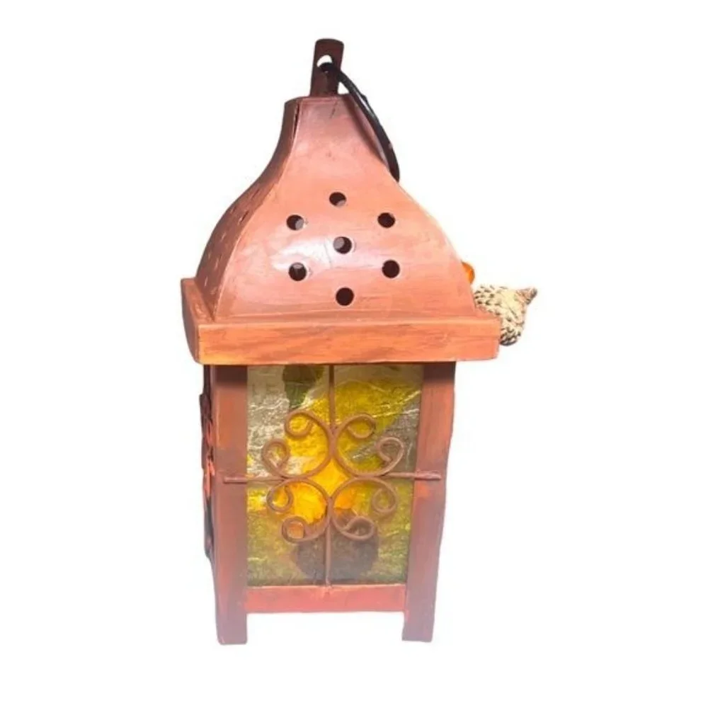 Decoupaged and Hand-Painted Candle Metal Lantern Candle Holder For Fall Decor